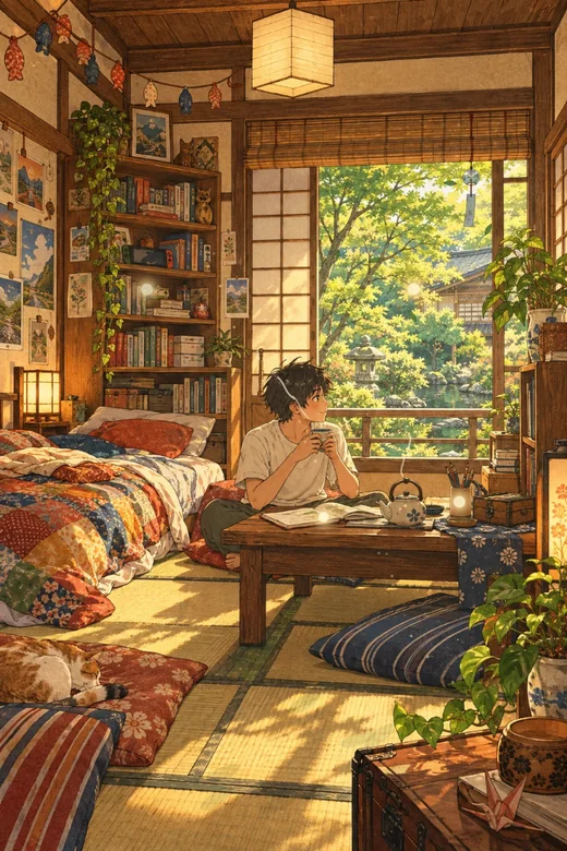 Chambre de Mon ryokan : un garçon assis devant une tasse de thé, un chat et une fenêtre ouverte sur le jardin